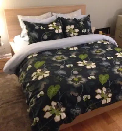 Moving in May! Navy floral queen duvet cover with 2 shams purchased from Crate and Barrel. From a cl...