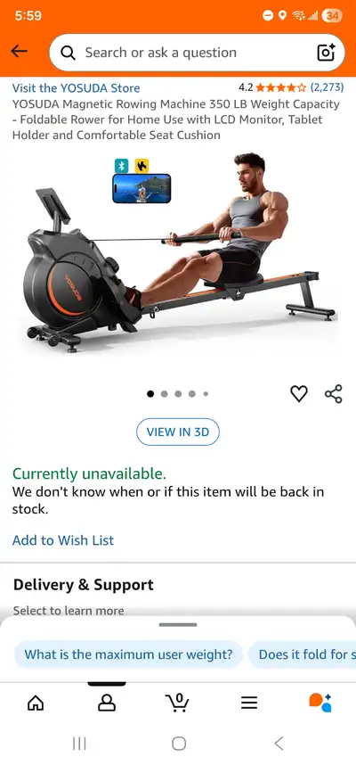 10 speed rowing machine, foldable. Used it twice. It's a very nice machine, but I need the space. If...