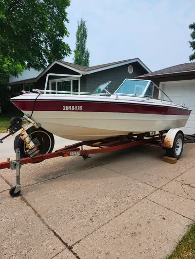 Early to mid 1980"s Oliver 18 ft. boat and trailer. 3.8 liter OMC inboard. Engine has one cylinder w...
