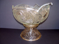 Lg Antique Pressed Glass Punch Bowl/Pedestal/Ladle set: heavy