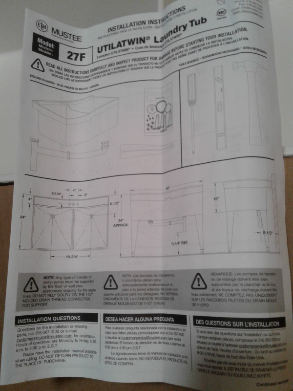 Mustee  24"×40" double laundy tub NIB c/w parts & instructions in Other in Cape Breton - Image 3