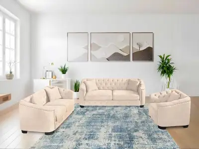 This brand new, beige-coloured sofa set includes a plush three-seater sofa, a cozy loveseat, and a s...