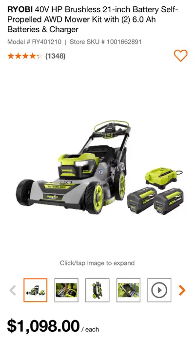 ryobi lawnmower 21” self propelled, View more