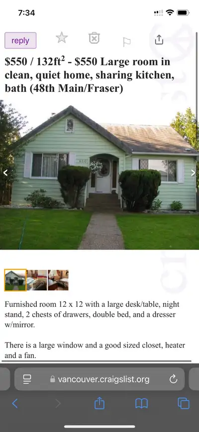 Furnished large room, desk, table, night stand, heater, 2 chest of drawers, mirror double bed. Cloth...