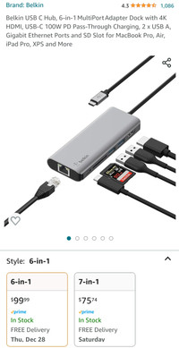 Belkin USB C Hub w/ 6-in-1 Multi‐Port Adapter + 4K HDMI
