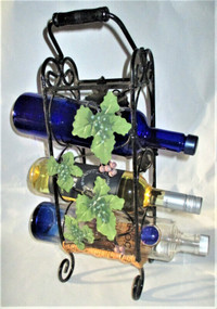 3 Wine Bottle Holder Decorative Metal & Wicker Carved Unique