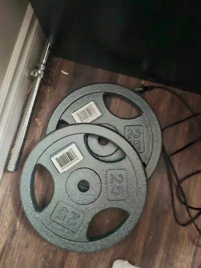 Bar and 2×25lb weights in excellent condition. Bench in bad condition. 80$ for everything OBO. PICKU...