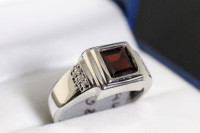 NEW SOLID 14K. ITALIAN WHITE  GOLD , GARNET & DIAMOND RING SALE.