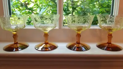 4 Antique Tiffin Mandarin Yellow  & Amber Glasses, View more