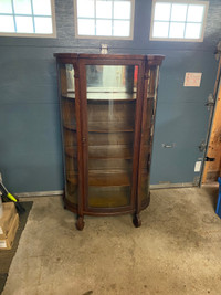 Antique Curved Glass & Wood Display Cabinet w/ 5 Shelves