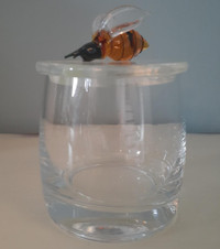 Glass lidded honey jar jelly jar with art glass Bee on lid bzzzz