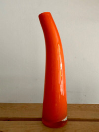 Vintage Orange Cased Glass Bent Neck Vase 11.5” Tall