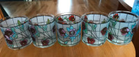 Five Vintage 1987 signed Cutler 8oz glasses Stain Glass Flowers