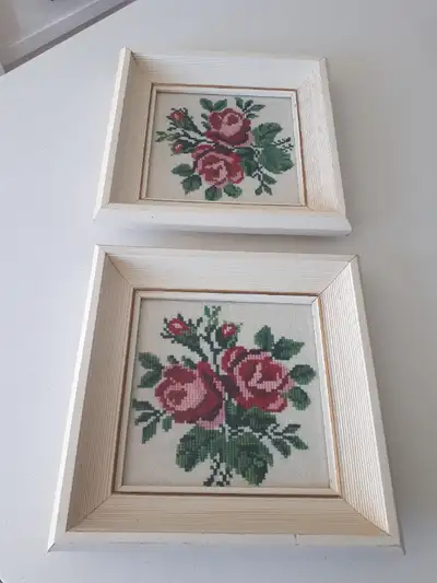 Vintage Rose Needlepoint Tapestry Framed Art  Set of 2, View more