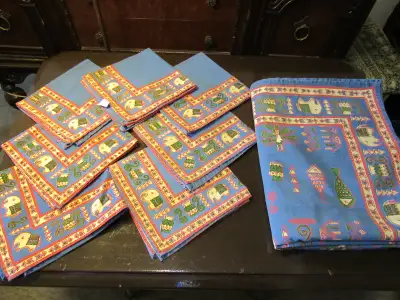#272  Blue Elephant Bordered Lg Table Cloth + 7 Matching Napkins, View more