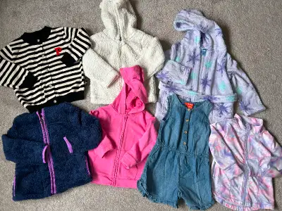 bundle of girls' clothing. Includes a striped cardigan(new), sherpa jacket, fleece jacket, pink zip-...