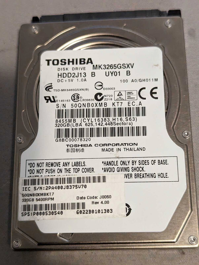 320 GB Toshiba 2.5" Sata hdd in Laptop Accessories in Oshawa / Durham Region