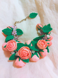 Handmade clay Rose with purple lilac flower bracelet