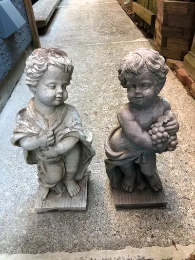 A Pair of Vintage Boy Statue for Garden. Made of Resinstone/fiberglass. Amazing Stone-Like Appearanc...
