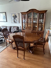Solid Wood Dining Table w/ 6 Chairs & Antique China Cabinet 