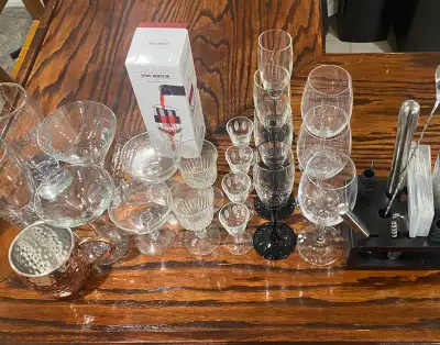 Bar Tools (Paid $90 like new) with extras. 8 crystal glasses, 2 martini glasses, 3 wine glasses, 2 b...