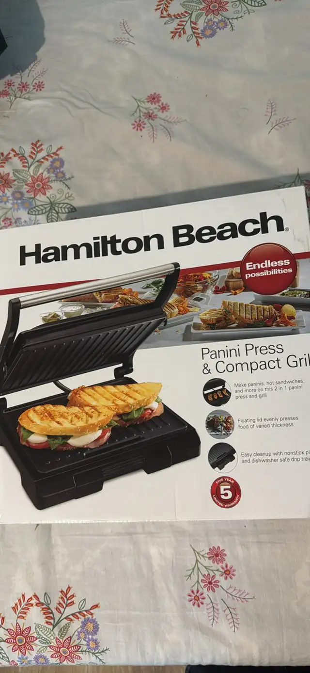 Hamilton beach brand new original packing panini press