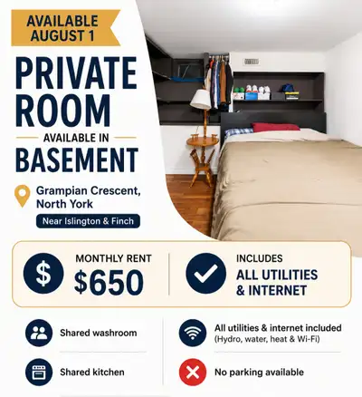 Private Basement Room for Rent – North York Islington & Finch Near Albion mall Available September 1...