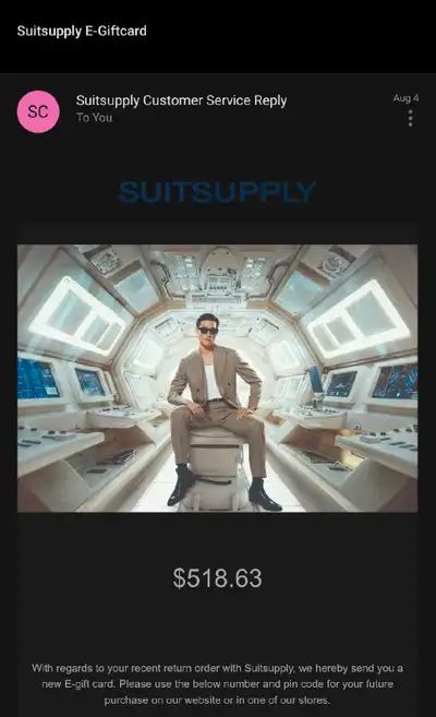 Suitsupply E Gift Card for $518.63, View more
