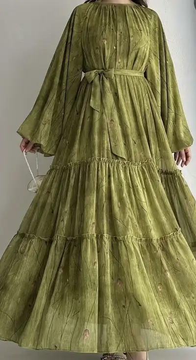 Brand new olive chiffon print long dress - ladies size M, View more