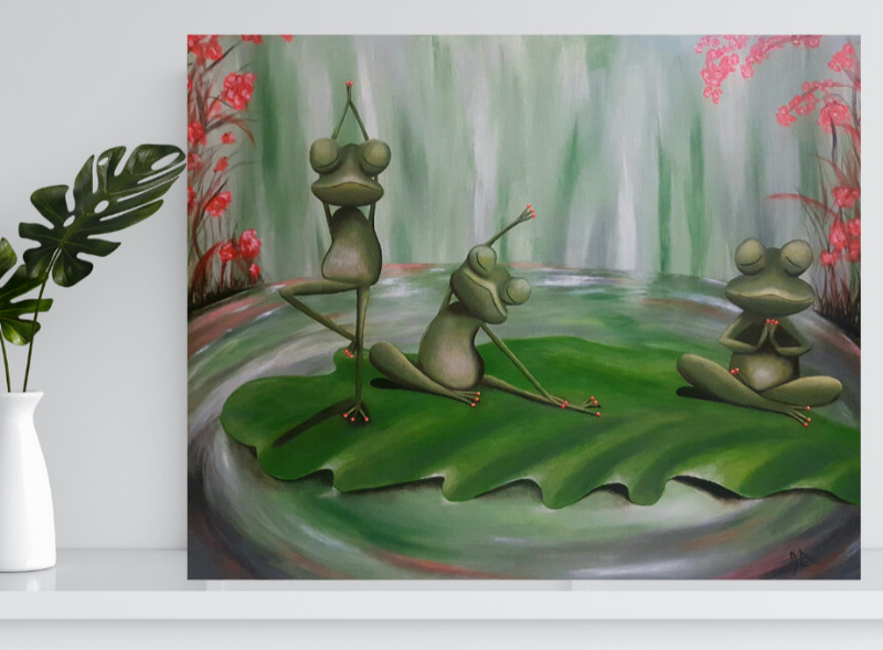 NEW! Original 'Yoga Frogs' Acrylic Wall Art Painting, used for sale  