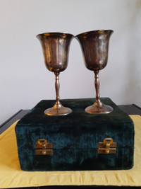 TWO SILVER/BRASS WINE GLASSES GOBLETS