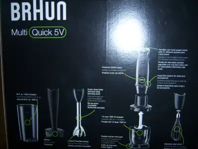 New in box. German made quality. Multi Quick 5V immersion blender has 21 plus turbo variable speeds...