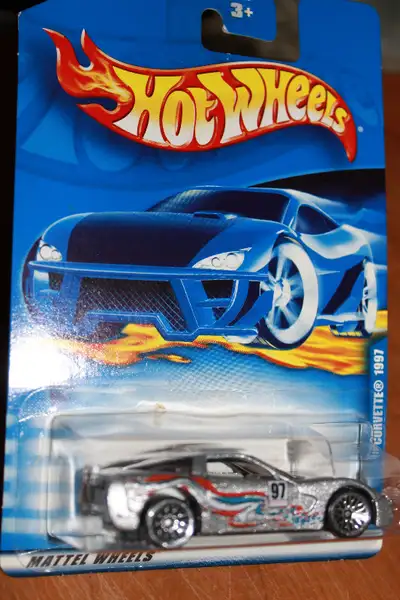 Hot Wheels car, Corvette 1997, silver with streaks, manufactured in 2000. Listed as 2001 No. 133, Ma...