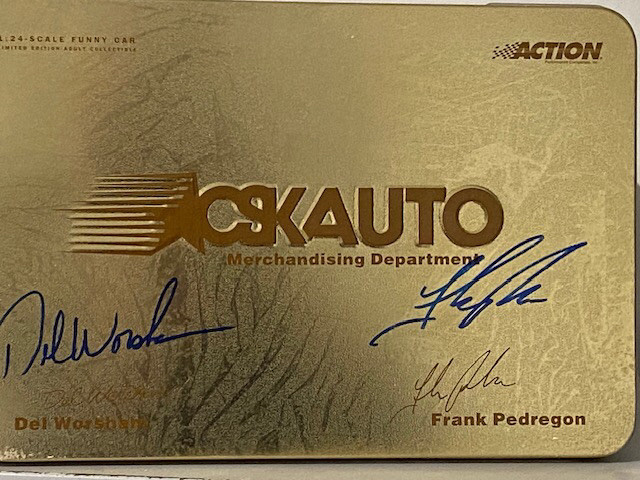 NHRA DEL WORSHAM,FRANK PEDREGON AUTOGRAPHED GOLD FUNNY CAR - CSK in Arts & Collectibles in City of Toronto - Image 4