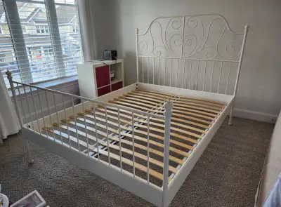 IKEA LEIRVIK Queen Size metal Bed Frame with center beam and wood slates. No box spring required. Pi...