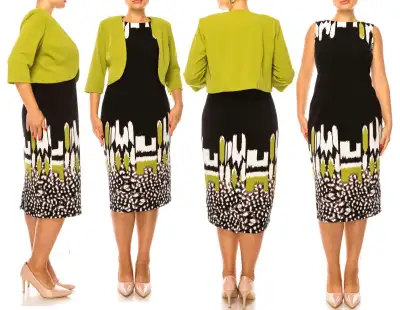 NEW Maya Brooke Kiwi Green, Black and White Dress and Jacket 22W.