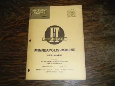 Minneapolis Moline 335, 445, Jet Star Tractors IT Shop Manual shipping available at your cost any qu...