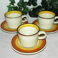 MIKASA ORANGE PEEL COFFEE CUPS & SAUCERS 3 VINTAGE STONEWARE