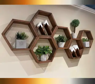 Handmade Six Attached Hexagon Shelves with 2 Sets of Mountains, View more