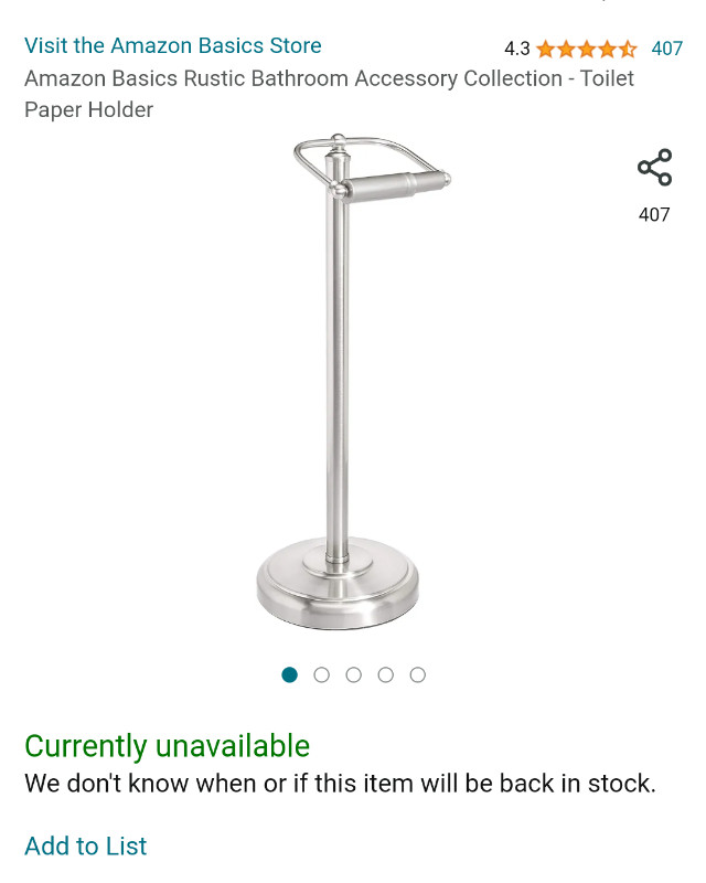 Amazon Basics Silver Toilet Paper Holder/Stand in Bathwares in London