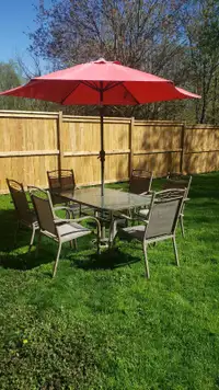 Dining Table, Chairs and Umbrella