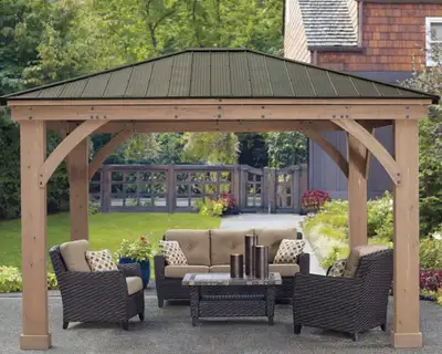 BRAND NEW 12FT x 14FT WOOD YARDISTRY GAZEBO ALUMINUM ROOF $3700, View more