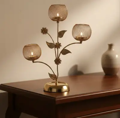 New Golden Mesh Candle Holder – 3 Candle Decorative Piece, View more