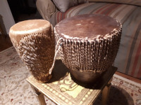 2-Pieces (Large & Small) Vintage African Wood & Goat Skin Drums