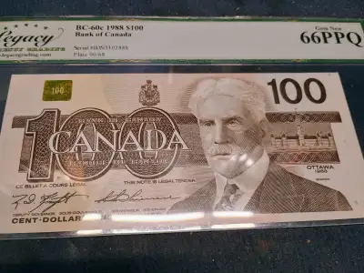 1988 Canada $100 Banknote. Uncirculated. Certified., View more