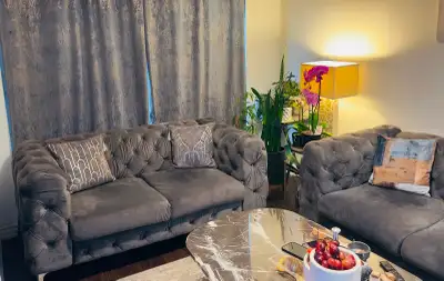 Beautiful set of 2 grey velvet love-seat sofas in good condition, View more