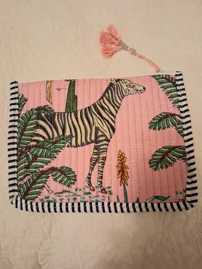 NEW PINK ZEBRA  PRINT QUILTED. POUCH, View more