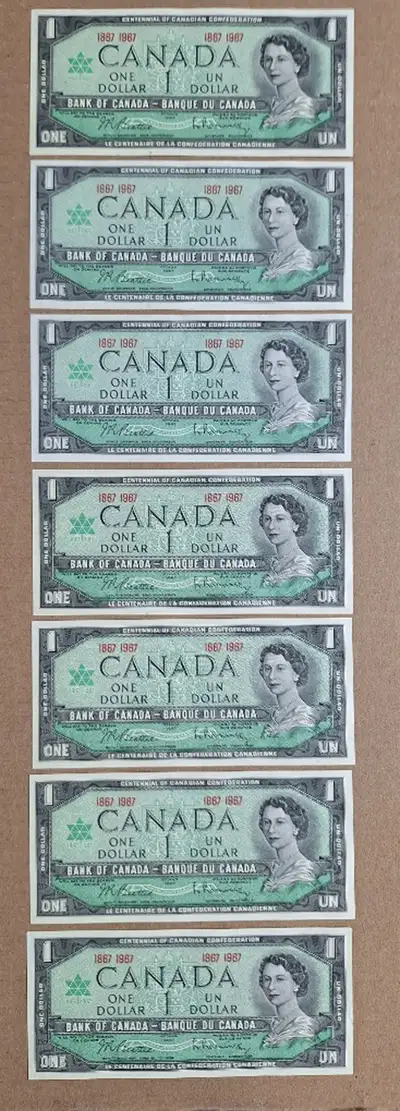 1867 1967 CANADIAN CENTENNIAL $1 BILLS  X 7 PIECES, View more