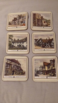 Six Vintage Pimpernel Cork Backed Coasters of English Inns