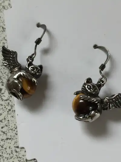 Gargoyle cat earrings with tiger eye, View more